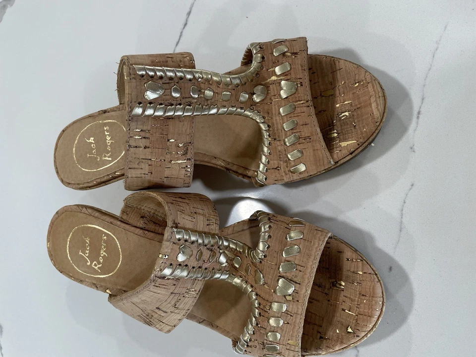 Jack Rogers Leather Tan Cork Wedge Sandals and Gold Trim 6.5 - Image 2 of 4