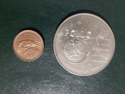 SPACE RACE TOKENS x2 - ''Green Cheese Penny'' Moon Money & APOLLO Project - 1969
