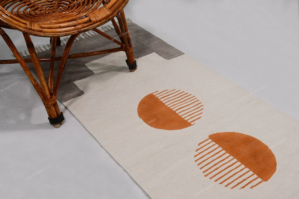Cotton Area Rug, Handmade Geometric Cotton Dhurries, Indian Cotton Runner Rug - Image 2 of 4