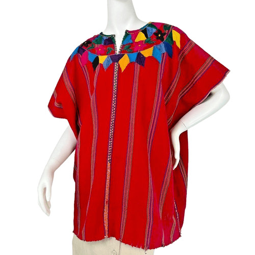 Handwoven Red Vintage Guatemalan Huipil Handmade with Embroidery One Size