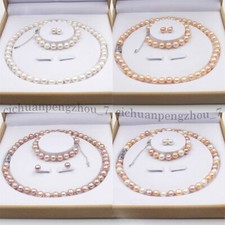 Genuine Natural Freshwater Cultured Pearl Jewelry Necklace Bracelet Earrings Set