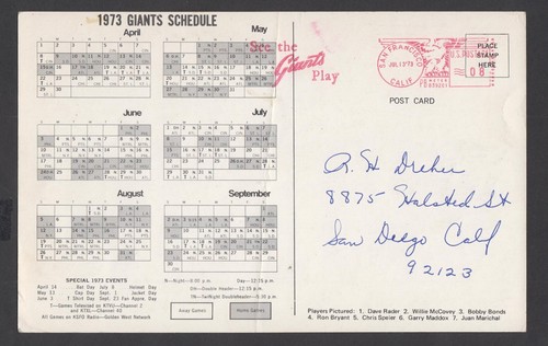 1973 San Francisco Giants Team Postcard Schedule Oversize - Picture 2 of 2
