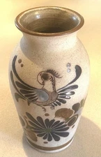 VTG Tonala Mexican Folk Art Hand Painted Vase Bird Flower Signed Pottery 8.5”