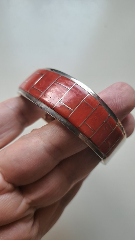 Vintage Southwestern Sterling Coral Inlay Cuff Bracelet artist BEN TOUCHINE