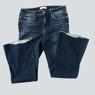 Flying Monkey Dark Wash Flare Jeans Raw Hem Distressed Size 30 Stretch