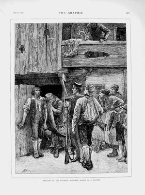 Original alter antiker Druck 1873 Bayerische Alpen Szene Verhaftung Wilderer Viktorianisch