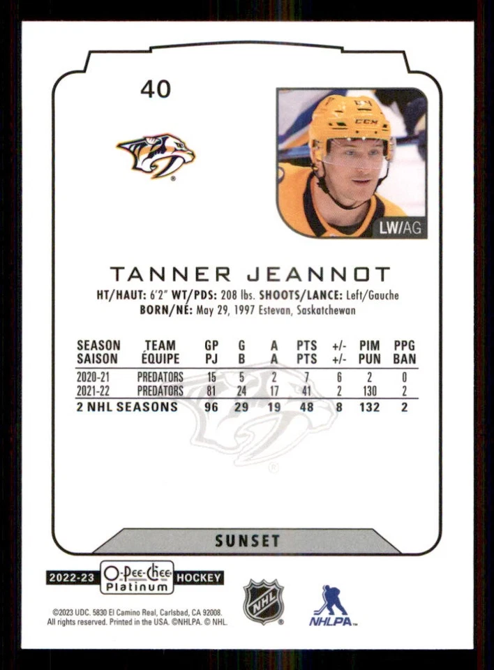 2022-23 O-Pee-Chee Platinum Sunset #40 Tanner Jeannot - Image 2 of 2