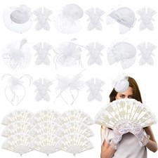 Cuffbow 27 Pcs Tea Party Hats Gloves and Fans Set for Women White Fascinators
