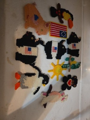 Vntg NEEDLEPOINT PLASTIC CANVAS Variety  Ornaments/magnets Lot of 11 Plus Holder