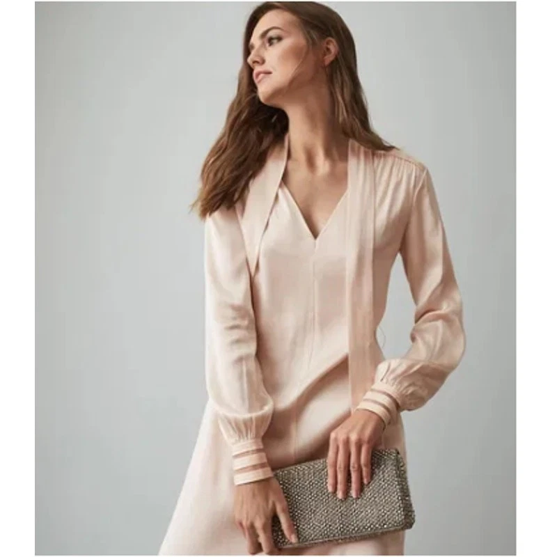 REISS Ray Satin Long Line Midi Shirt Dress Blush Pink Peachy Tie Neck Women's 6 - Image 2 of 4