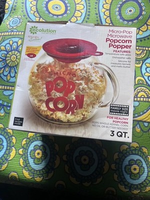 Ecolution Micro-Pop Microwave Popcorn Popper 3 Qt Glass w/ Red Silicone Lid
