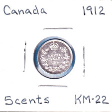 1912 Canada 5 Cents (KM-22) .0346 ASW Silver!!!  George V Ottawa Mint