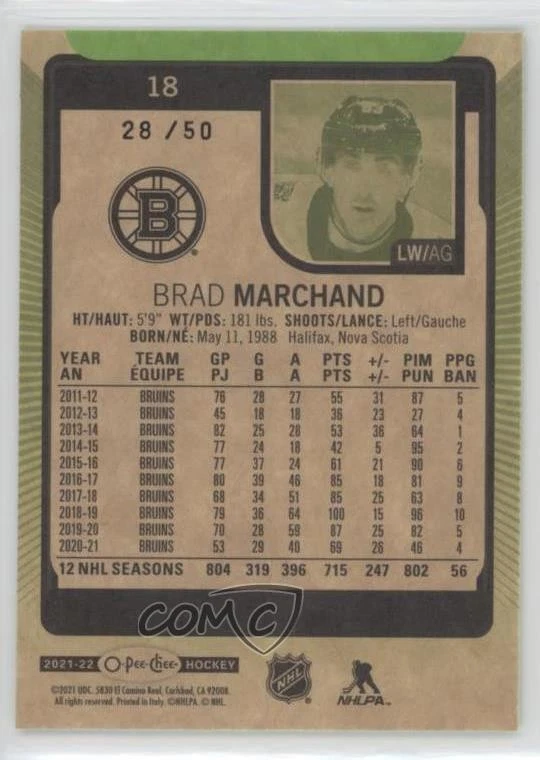 2021-22 O-Pee-Chee Neon Green Border /50 Brad Marchand #18 - Image 2 of 2