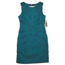 Adrianna Papell 14 NWT Deep Green Satin Chevron Pleated Sleeveless Sheath Dress