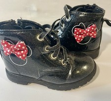 Disney Minnie Mouse Combat Boots Black Glitter Bow Toddler Shoes Girls Size 7
