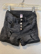 Justice Girl's Size 10 Button Fly High Rise Distressed Shorts Denim Black