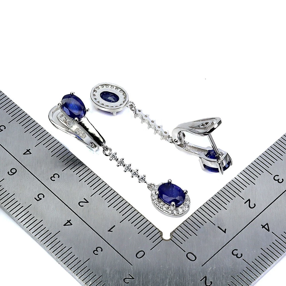 925 Sterling Silver Earrings Oval Blue Sapphire 7x5mm Natural Gemstone Jewelry - Image 3 of 4