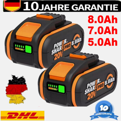 1-4Stück 8,0Ah 7,0Ah für Worx 20V MAX Akku WA3551.1, WA3572, WA3553, WX390 LED