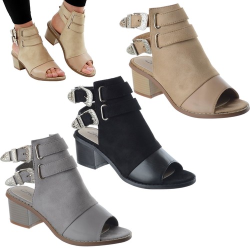 LADIES WOMENS LOW MID BLOCK HEEL ANKLE STRAP BUCKLE PEEP TOE SANDALS SHOES SIZE