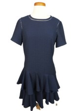 Rebecca Taylor Dress Navy Blue Size 6 Ruffles Textured Lined Zipper Short Sleeve