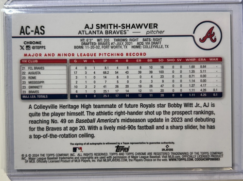 AJ Smith Shawver AUTO~RC # 2/199 Topps Chrome 2024 Aqua Wave Refractor Autograph - Picture 2 of 2