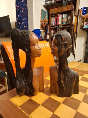 2 alte männliche weibliche handgeschnitzte afrikanische Stammeskunst zweifarbige Ebenholz Skulpturen *