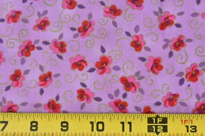By 1/2 Yd, Vintage, Red Pink Metallic-Gold Floral on Lavender, Marcus, P7968