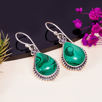 Natural Malachite Green Gemstone 925 Sterling Silver Jewelry Handmade Earring