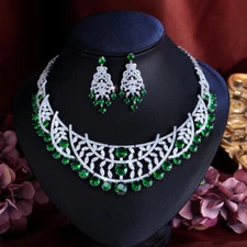 CZ Leaf Charming Green Round Tennis Dangle Drop Earrings Necklace Jewelry Set
