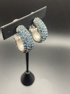 Vintage Ciner Blue Pavé Crystal Elongated Hoop Clip Earrings Silver-tone