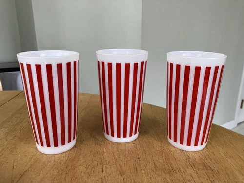 Vintage HAZEL ATLAS RED CANDY STRIPE TUMBLERS Milkglass Set of 3