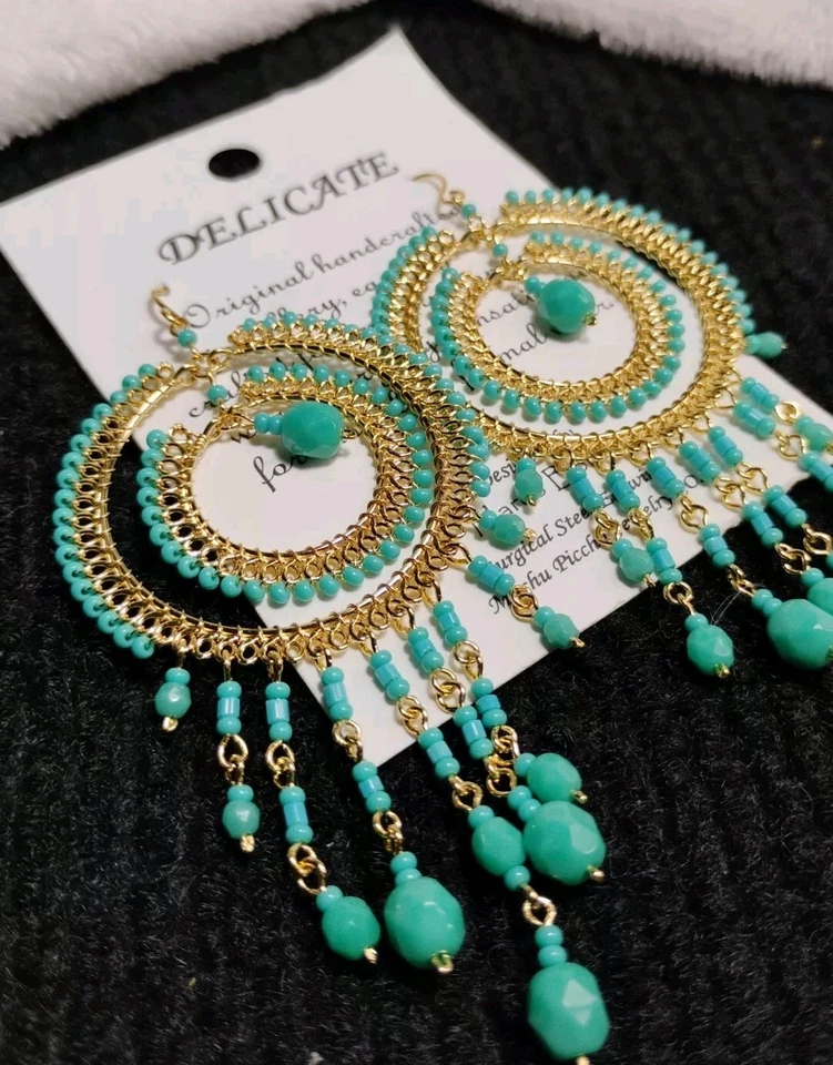 MARCO BONET Machu Picchu Jewelry Co. 3.75" Placa de Oro Verde azulado ¡Pendientes de araña! Foto 2 de 4