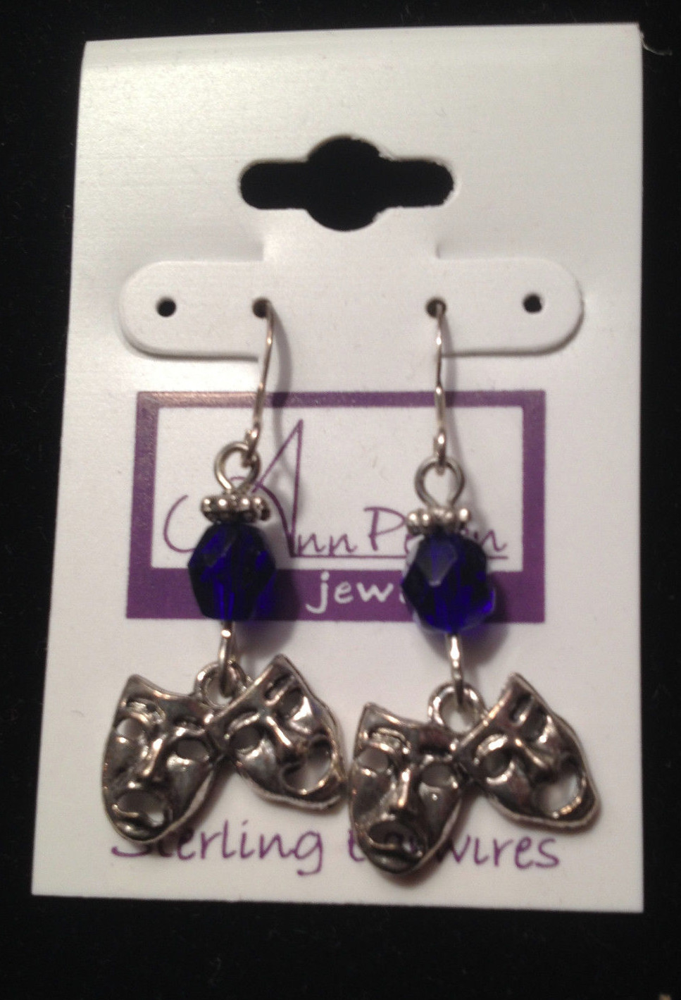 Theatre Masks with Dark Blue Bead Pewter Earrings from Ann Peden Collection