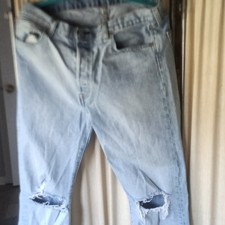 Levi's 501 Men's Blue Light Wash Distressed Denim Jeans Straight Fit Mid Rise