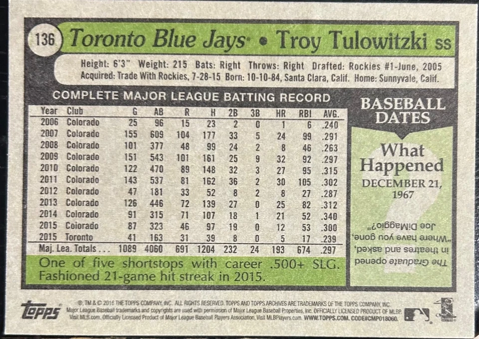 2016 Topps Archives TROY TULOWITZKI #136  Blue Jays 🔥 GORGEOUS Autograph 🔥 1/1 - Image 2 of 2