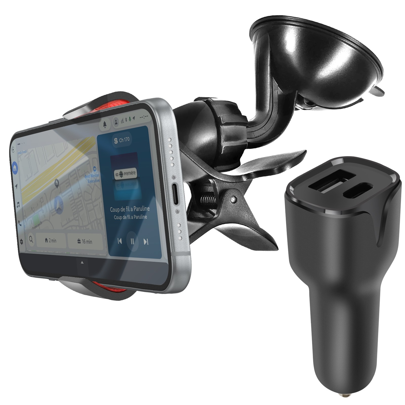 Kit voyage en voiture avec chargeur rapide USB-C et support ventouse pour longs trajets