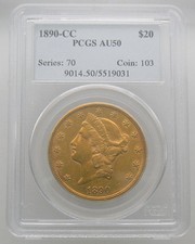1890-CC $20 Gold Liberty Double Eagle PCGS AU50