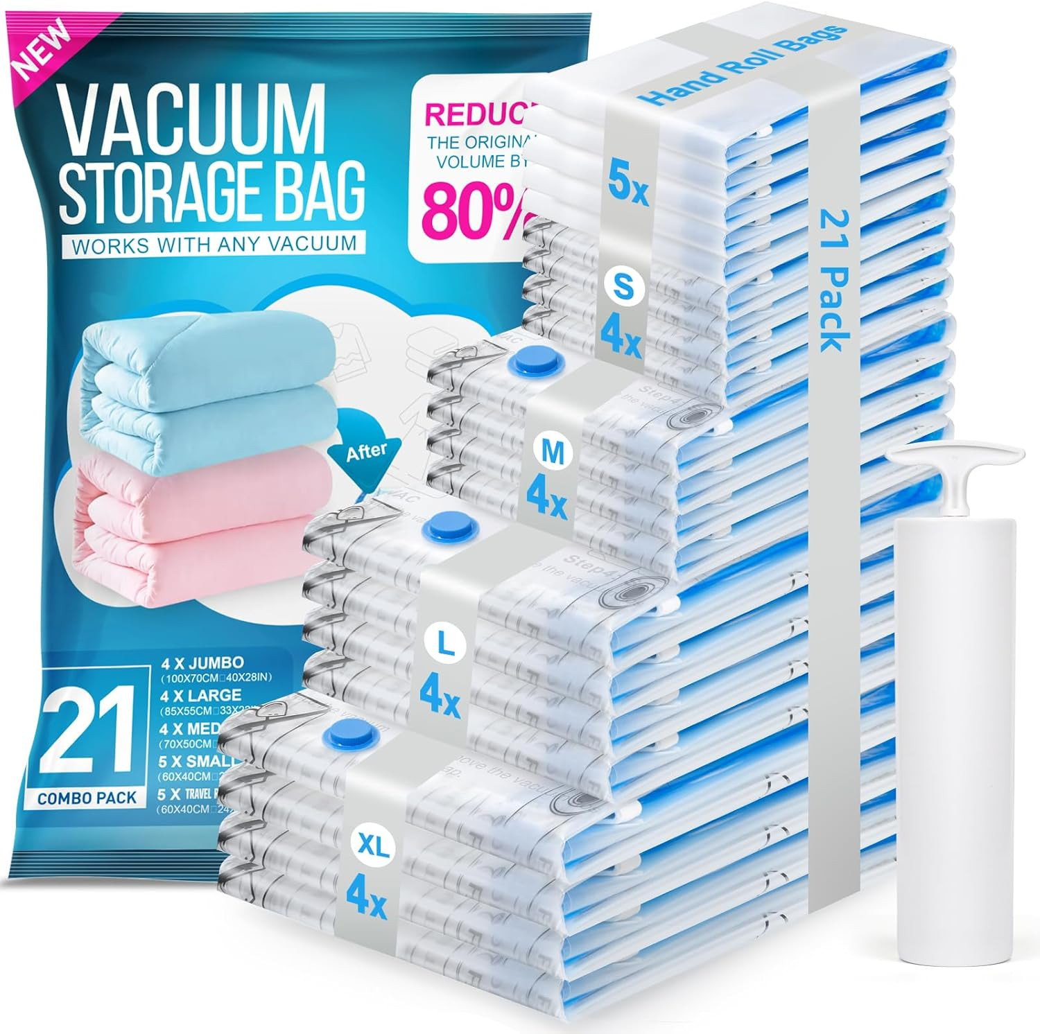 Set 21 Sacchetti Salvaspazio Sottovuoto | 4XL a S + 5 Buste per Valigia
