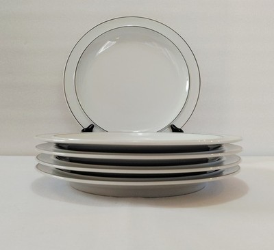 Georg Jensen Dinner Plates 10 1/8'' Elsinore Porcelain Platinum Verge Rim Set 5