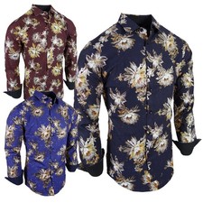 Mens Shirt Tropical Florals Shiny Gold Highlights Stretch Slim Fit Button Up 2