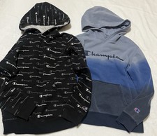Lot of 2 Champion Hoodies Boy  s Size Large Black Logo AOP And Blue Gradient