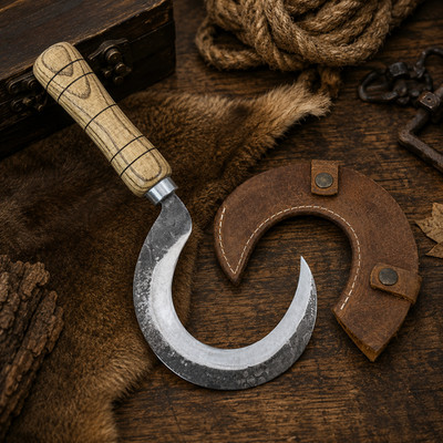 Hand Forged Viking Sickle Knife with Leather Sheath Medieval Curved Blade