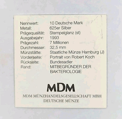 MDM Zertifikat - 10 DM Gedenkmünze  150. Geburtstag Robert Koch'', silber, 1993