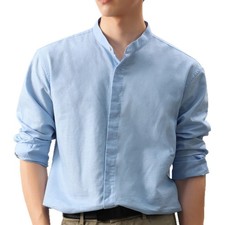 Cotton Linen Men Long Sleeve Button Casual Business Stand Collar Thin Shirt Tops