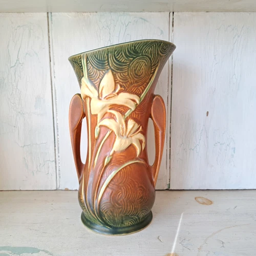 Vintage ROSEVILLE 9.5" Zephyr Lily Vase Brown & Green