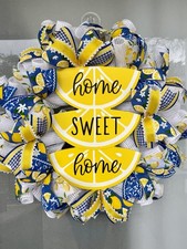 Home Sweet Home Blue  Yellow Lemon Wreath, 25 Inches In Diameter