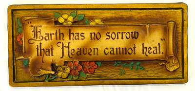 1927 A.E. Mitchell Art Co. 11''X5'' Cast Metal Wall Plaque ''EARTH HAS NO SORROW''