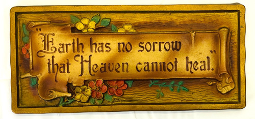 1927 A.E. Mitchell Art Co. 11"X5" Cast Metal Wall Plaque "EARTH HAS NO SORROW"