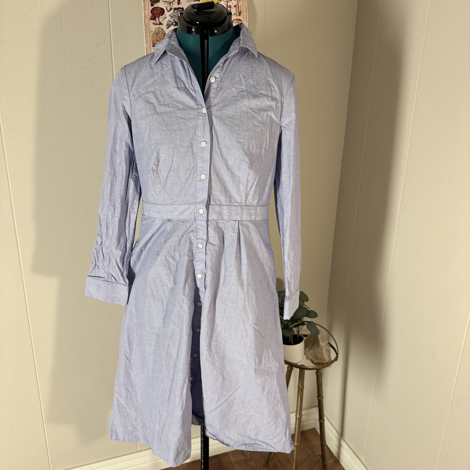 J. Crew Long-Sleeve Button-Up Shirt-Dress Blue Chambray Size 8 100% Cotton