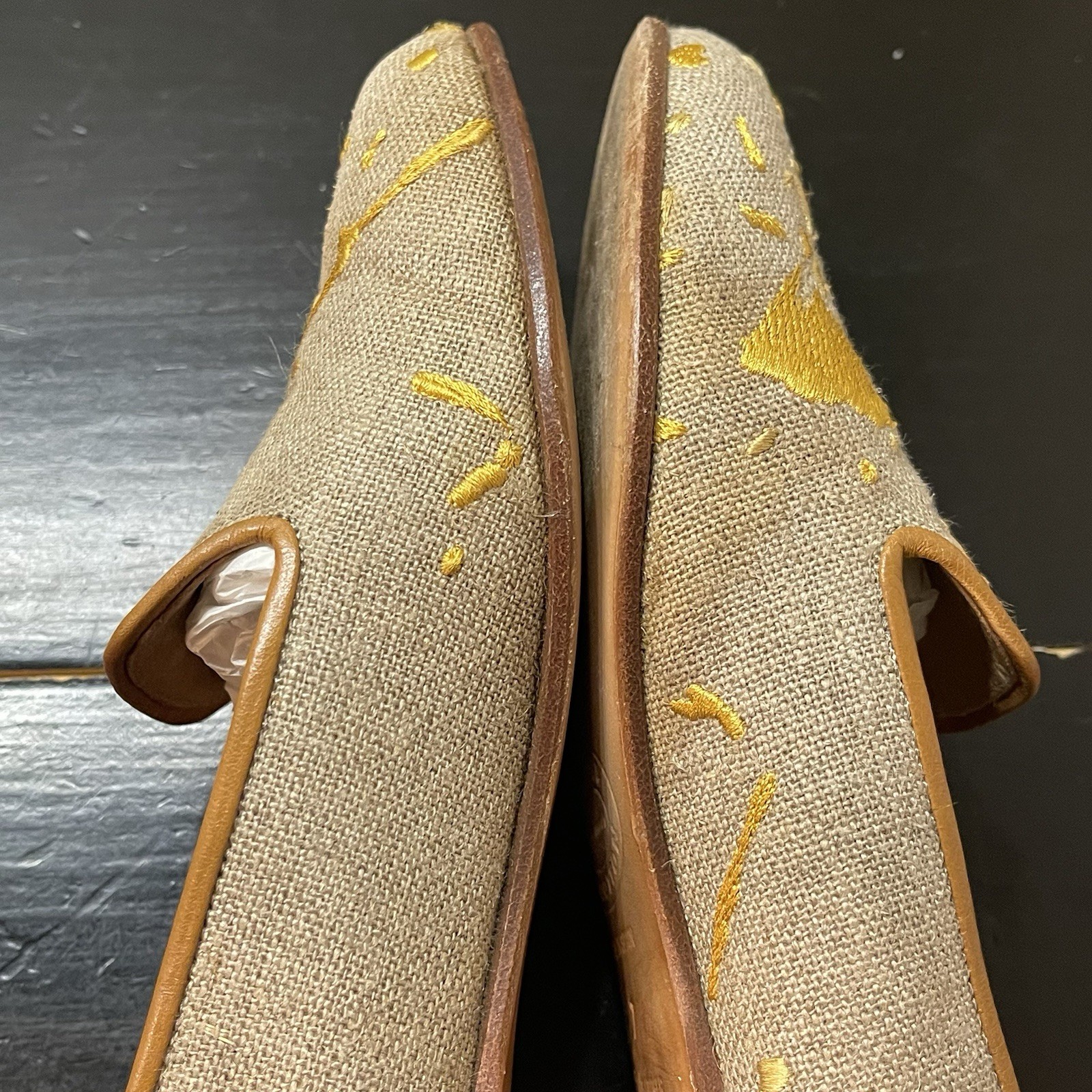 Stubbs & Wootton “POLLOCK" Slippers Tan Yellow Loafers Shoes Splatter Embroidery